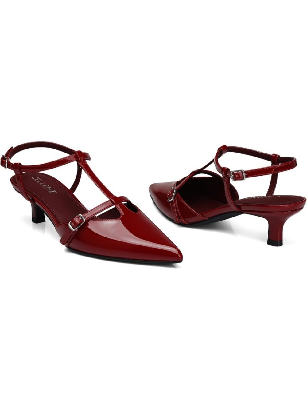 Women's Low Heel Pumps 2 Inch Kitten Heels Ankle Red Pu Strappy Slingback Pump - Picture 4 of 5